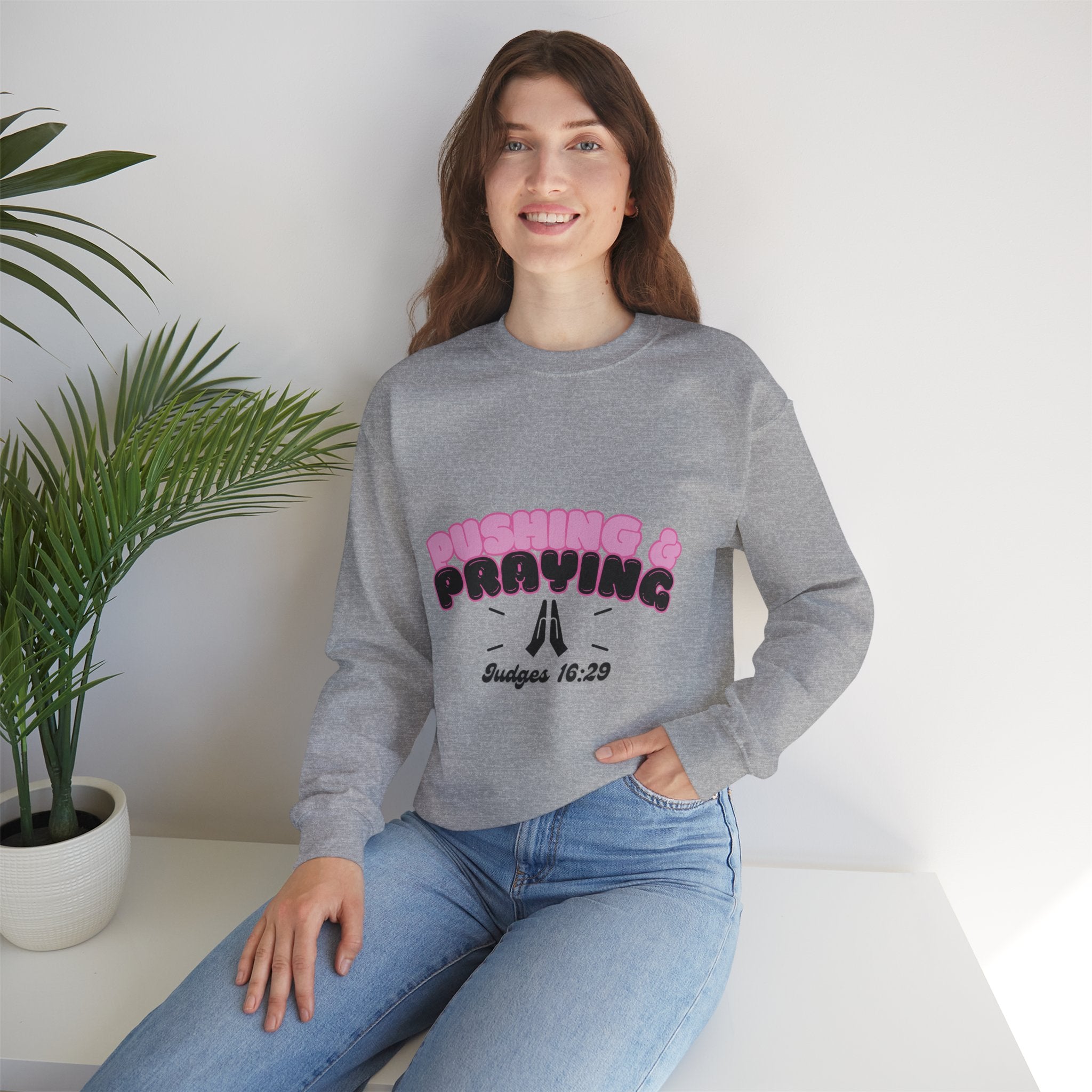 Pushing & Praying Crewneck Sweatshirt, Inspirational Sweatshirt, Faith-Based Apparel, Cozy Gift for Friends, Bible Verse Clothing, [...]